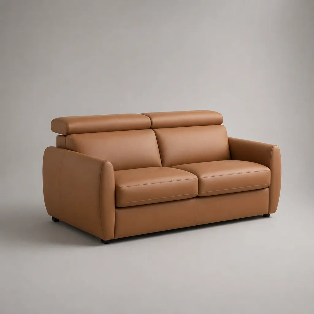 Canapé droit 2 places en similicuir marron cognac avec appuie-têtes réglables, 178 × 95 × 98 cm