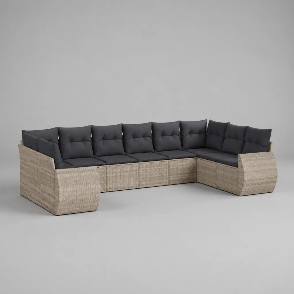 Canapé de jardin d’angle modulable 7 places en résine tressée et acier, beige et gris anthracite, 310 x 210 x 83 cm