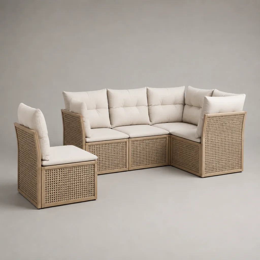 Salon de jardin d’angle modulable 5 places en bois et résine tressée beige avec coussins écrus, 223 × 148 × 82 cm