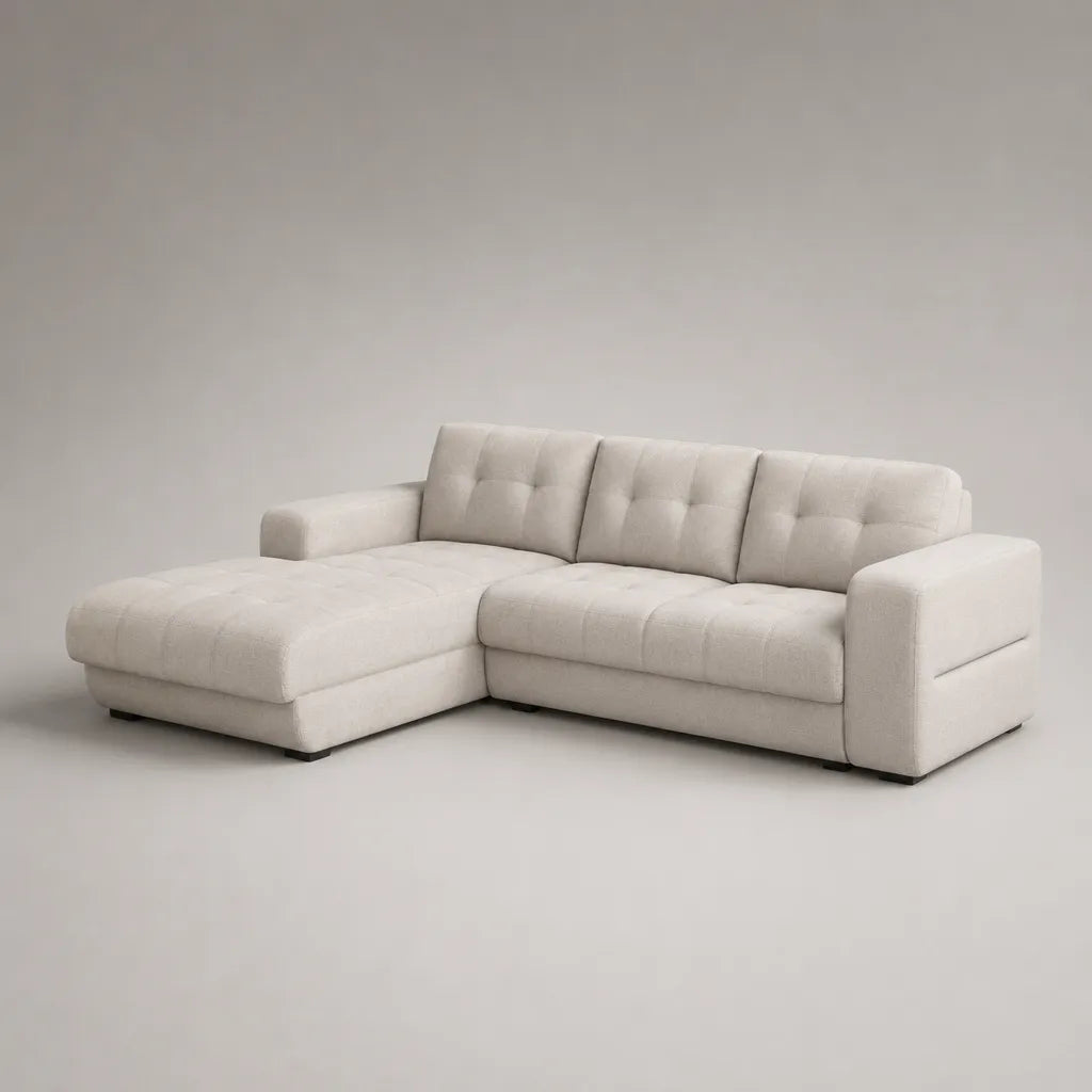 Canapé d’angle 3 places en tissu bouclé crème avec méridienne gauche, 260 × 165 × 85 cm