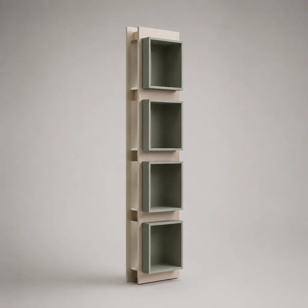 Bibliothèque colonne à 4 niches en panneaux MDF, blanc cassé et vert sauge, 36 × 24 × 180 cm