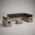 Ensemble de salon de jardin d’angle en résine tressée PE avec fauteuil et table basse, 300 × 220 × 78 cm, beige, anthracite et bois naturel
