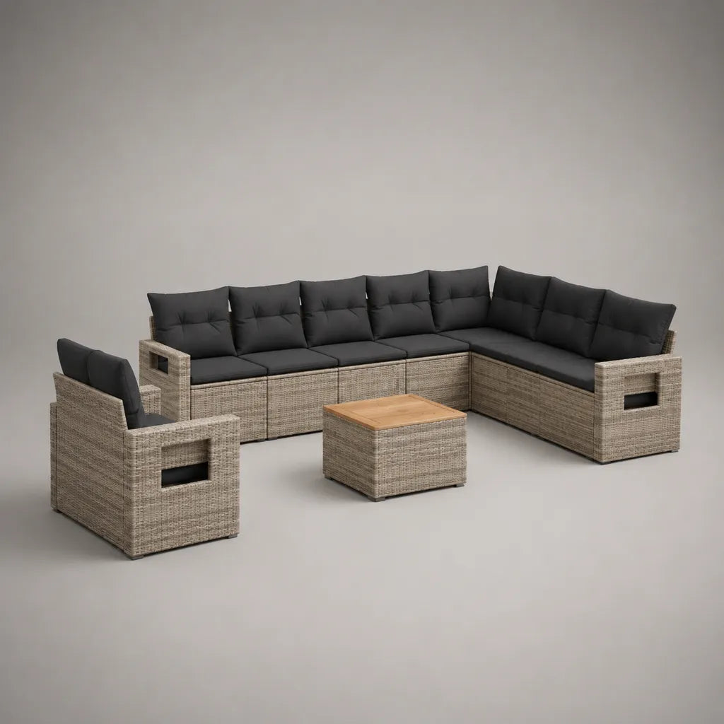 Ensemble de salon de jardin d’angle en résine tressée PE avec fauteuil et table basse, 300 × 220 × 78 cm, beige, anthracite et bois naturel