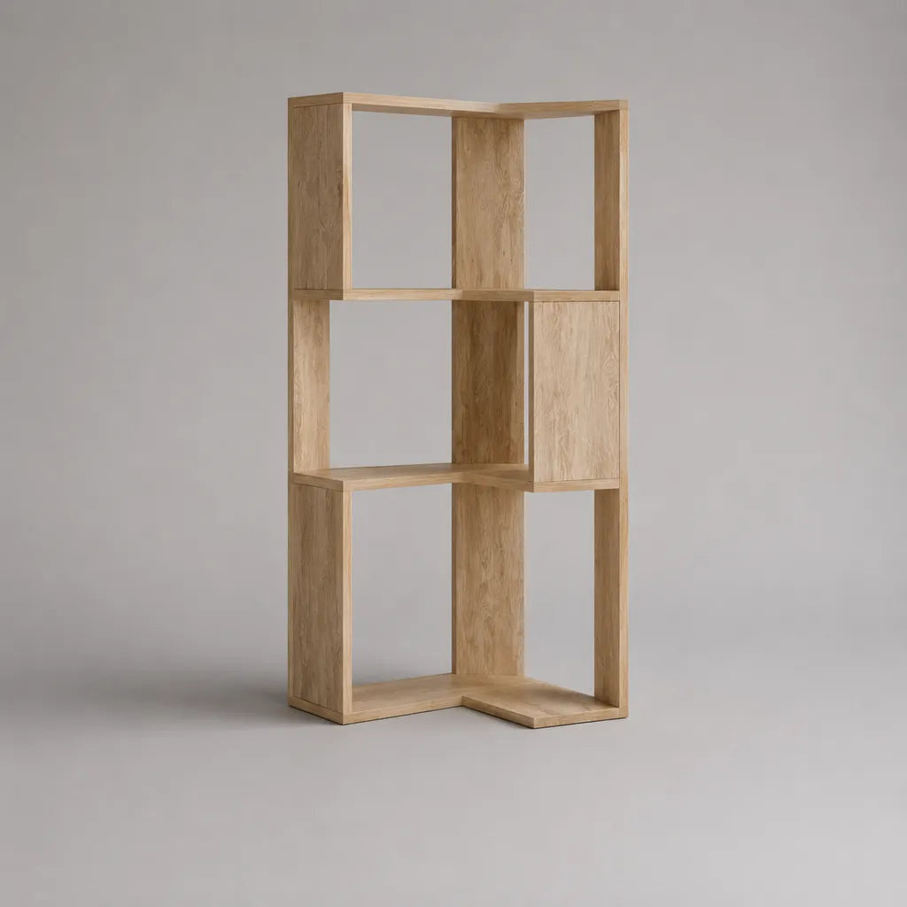 Bibliothèque d’angle asymétrique en bois MDF plaqué chêne clair, 80 × 30 × 180 cm