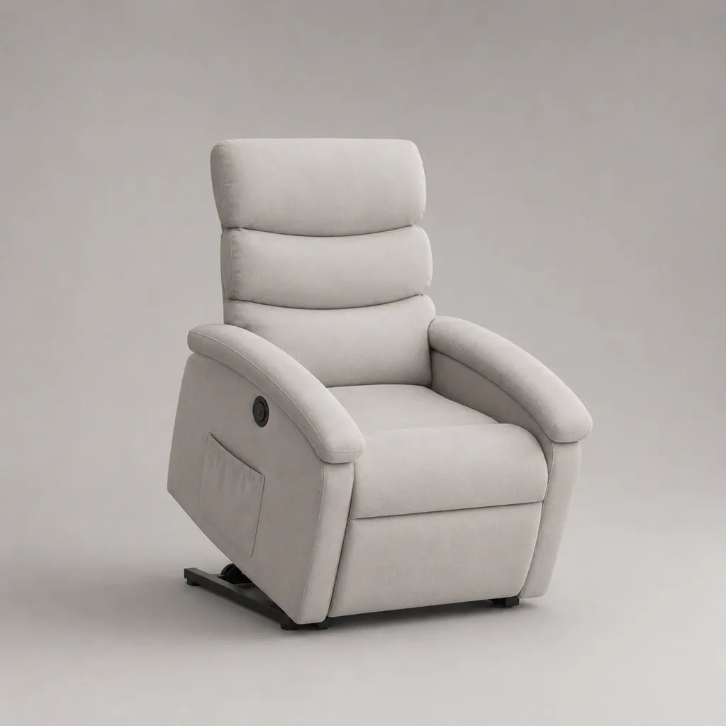 Fauteuil relax électrique releveur en microfibre beige clair avec dossier haut, 78 x 93 x 109 cm