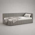 Lit banquette 90 × 200 cm en bois et tissu velours gris avec sommier à lattes, dimensions 215 × 105 × 90 cm