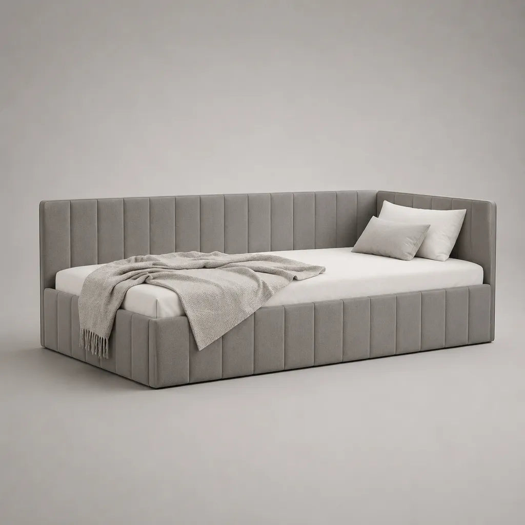 Lit banquette 90 × 200 cm en bois et tissu velours gris avec sommier à lattes, dimensions 215 × 105 × 90 cm