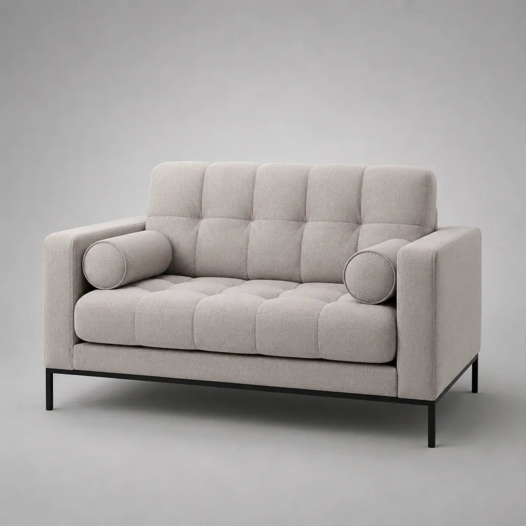 Canapé 2 places en tissu, bois et acier, beige clair et noir, 150 × 80 × 84 cm