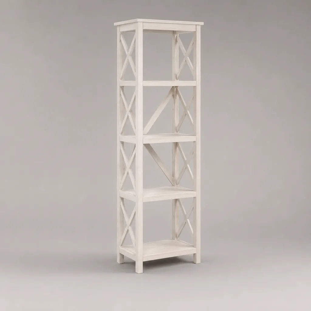 Bibliothèque étroite rectangulaire à 5 niveaux en pin massif et MDF blanc, 40 × 30 × 150 cm