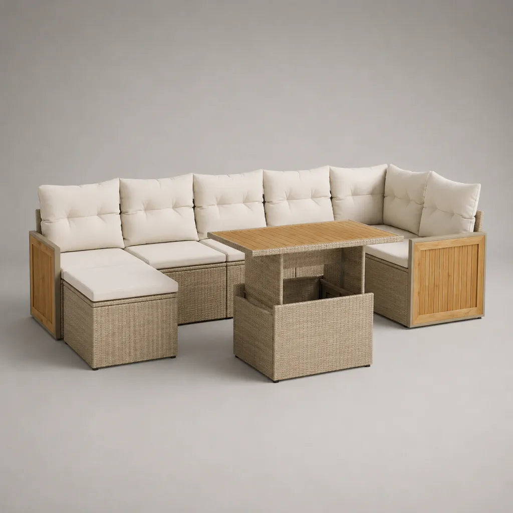 Salon de jardin en U 8 places avec table, 2 tabourets et coussins, en résine tressée PE et bois, beige, 245 × 180 × 85 cm