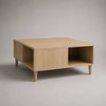 Table basse carrée avec rangement en MDF plaqué chêne naturel et pieds en hévéa massif, 80 × 80 × 45 cm