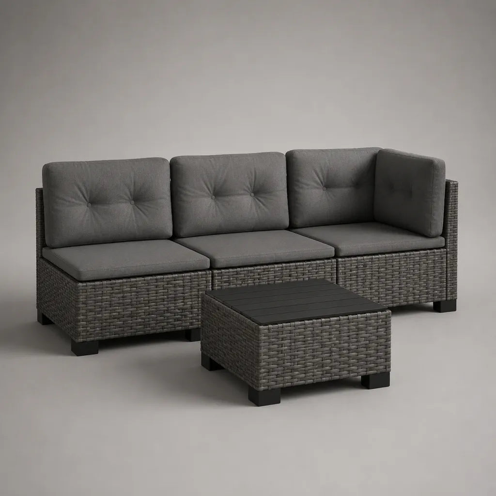 Salon de jardin extérieur 4 pièces en résine tressée grise avec canapé 3 places 180 × 65 × 70 cm et table basse 60 × 60 × 35 cm