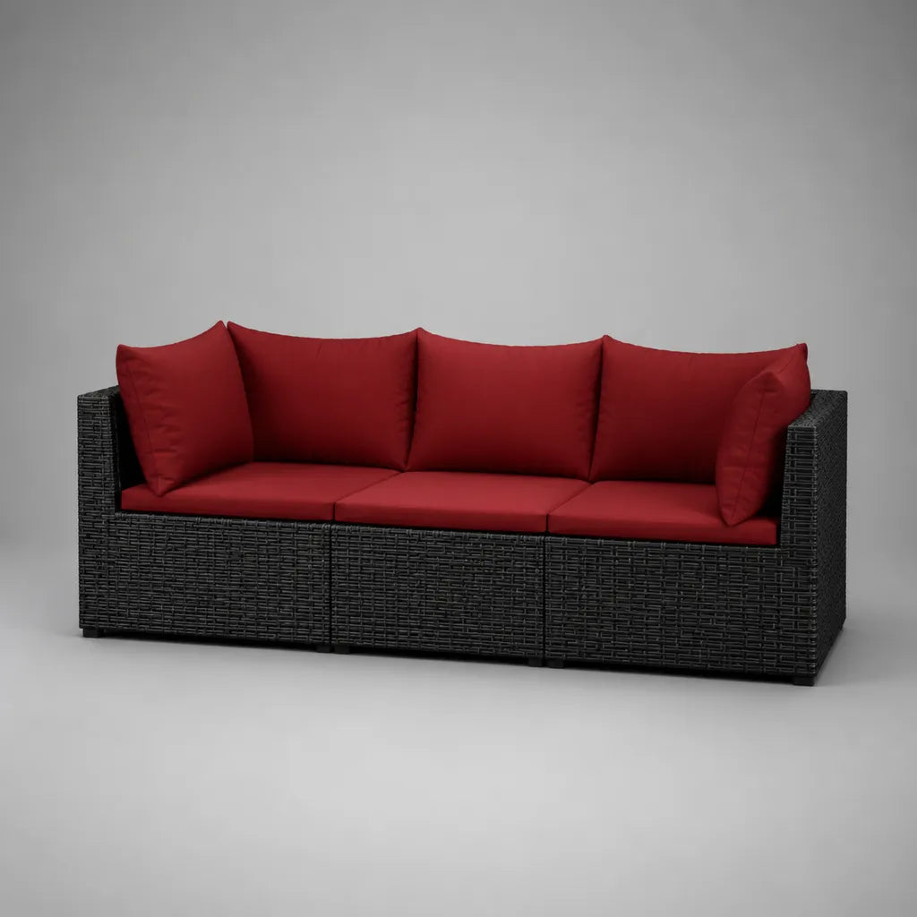 Canapé de jardin modulable 3 places en résine tressée noire avec coussins rouges, 195 × 75 × 65 cm